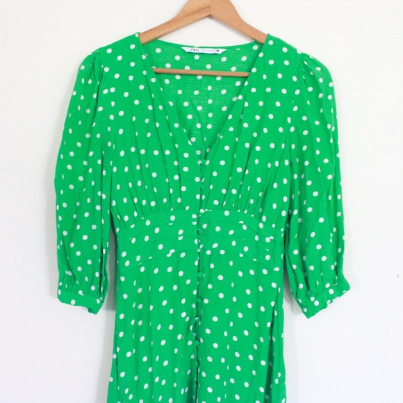 Zara Polka Dot Green Button Down Maxi Dress - Picture 3 of 8